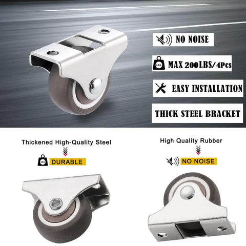 No Sweat Setup One Directional Fixed Caster Wheels Rock Solid Low Profile Rigid Plate Smooth Roll 1 5 Inch Heavy Duty 8 Pack close-up image of rubber wheel with thick steel bracket.