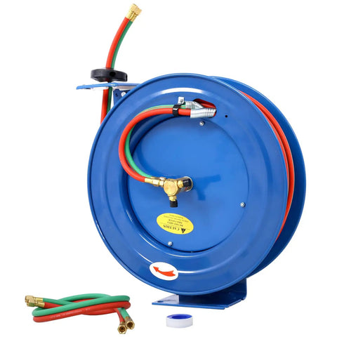 Retractable Welding Hose Reel With 1/4 Inch By 100 Foot Twin Oxygen And Acetylene Rubber Hoses, blue steel reel with fittings
