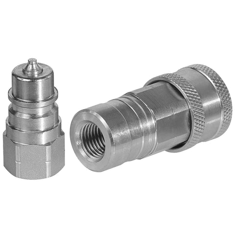 Two silver ISO 5675 Pioneer-style hydraulic quick-connect couplers with 1/4 in NPT thread