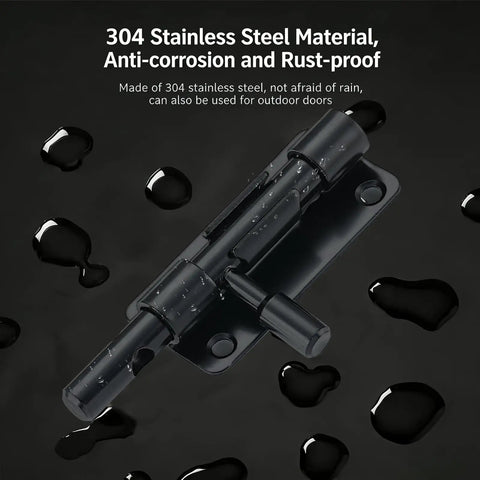 Heavy Duty Door Barrel Slide Bolt Latch Rock Solid 304 Stainless Steel Rust Proof Gate Lock on wet surface with water drops.