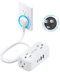 Compact 360 Rotating Flat Plug Power Strip With 5 Foot Cord, Four Widely Spaced Outlets, Heavy Duty Surge Guard, Wall Mountable Slim Body That Crushes Wire Clutter, Perfect For Tight Squeezes And Dorm Digs, Matte White with 360-degree rotating plug.