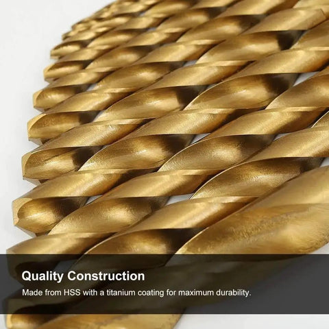 Dad Approved 99 Piece Drill Bit Set For Steel Wood Metal Copper Aluminum Alloy With Rugged Storage Case Heavy Duty HSS Bits close-up of titanium-coated bits