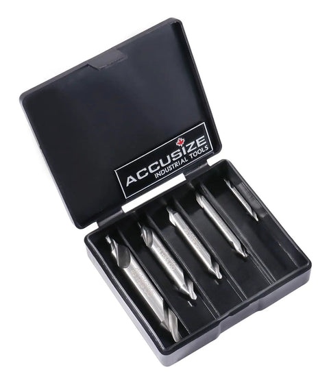 Five Piece M42 HSS Center Drill Set Top Notch With Eight Percent Cobalt ANSI Standard 60 Degree Center Drills Right Hand Ground From Solid Single Flute Packed In Plastic Case For Centering And Machining in open plastic case