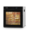 Straight Up Top Shelf Electric Food Dehydrator With 10 Stainless Steel Trays and Adjustable Heat creating dried fruit at 113F.