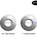 Front view of two stainless Fender flat washers, 3/8 in ID and 1 in OD, 50-pack