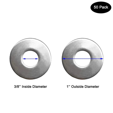 Front view of two stainless Fender flat washers, 3/8 in ID and 1 in OD, 50-pack