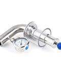 Stainless steel 1.5-inch sanitary tri-clamp adjustable pressure relief valve with dial gauge and blue knob.