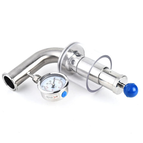 Stainless steel 1.5-inch sanitary tri-clamp adjustable pressure relief valve with dial gauge and blue knob.