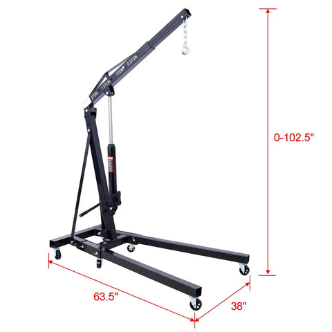 Heavy Duty 2 Ton Folding Engine Hoist Cherry Picker Shop Crane with adjustable height from 0-102.5 inches, sturdy steel frame.
