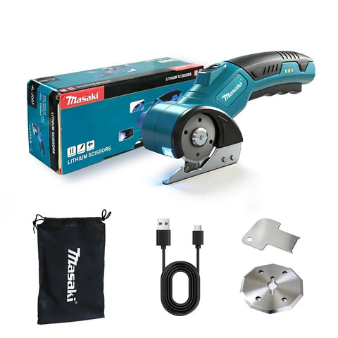 Heavy Duty Cordless Electric Scissors And Cardboard Cutter With Safety Lock Rechargeable Battery Led Light For Leather Carpet Plastic Cutting Tool Fast Easy Trim Power Rotary Blade Replacement with box, charger, and accessories.