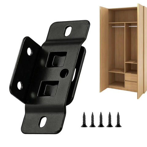 Heavy Duty L Shaped Cabinet Corner Brackets with screws shown next to a wooden cabinet for flush fit hidden face fixing.
