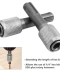 Five Piece SDS Plus Shank Drill Chuck Adapters Set To Convert To One Quarter Inch Hex Socket For Electric Hammer And Impact Drills High Hardness Forty Five Steel Drill Bit Holder Extends Tool Range, showing two steel adapters with SDS-Plus shanks and hex sockets.