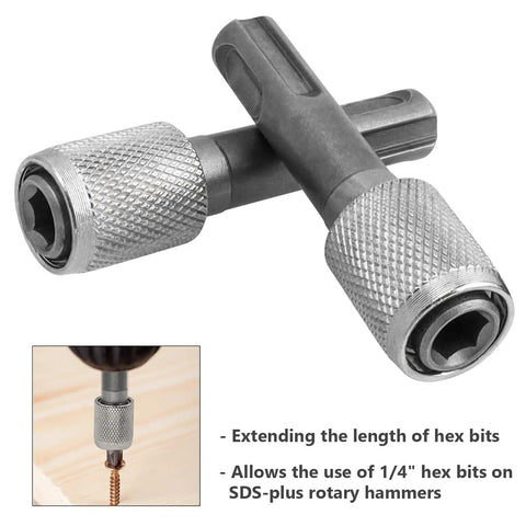 Five Piece SDS Plus Shank Drill Chuck Adapters Set To Convert To One Quarter Inch Hex Socket For Electric Hammer And Impact Drills High Hardness Forty Five Steel Drill Bit Holder Extends Tool Range, showing two steel adapters with SDS-Plus shanks and hex sockets.