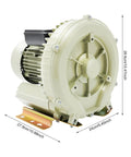 Built Tough 370W Air Pump Blower 110V 12Kpa High Pressure Workhorse Vortex Blower For Fish Tanks And Aquarium Oxygen Supply side view with dimensions