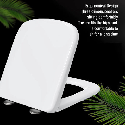 Built Tough High Capacity Square Toilet Seat In Crisp White Featuring Smooth Soft Close Lid And Heavy Duty Stainless Adjustable Hinges For No Sweat Bathroom Upgrades, ergonomic design with three-dimensional arc.