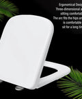 Built Tough White Square Toilet Seat With Soft Close Slow Closing Lid Crafted From Scratch Proof Urea Resin Plus Stainless Adjustable Hinges, showing ergonomic design.