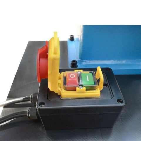 Heavy Duty 1.5 HP Electric Pipe Notcher With V Block Rotary Vise switch panel showing emergency stop and power buttons.