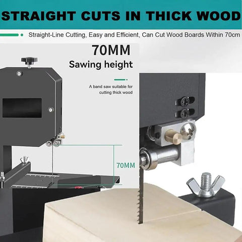 Powerhouse 800W Pure Copper Benchtop Bandsaw For Wood And Acrylic 70mm Cut Height displayed on diagram
