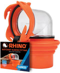 RhinoFlex Clear RV Sewer Hose Elbow With 4 In 1 Adapter Odor Tight Seal And 360 Degree Rotating Fitting Built In Gasket For Odor Proof Connection Fits Four Dump Station Inlets For Easy Leak Free RV Waste Hose Setup, clear orange elbow fitting