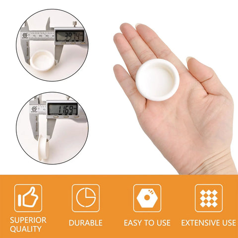 Hand holding 4 Pack Plastic Round Sliding Door Finger Pulls For Closets And Cabinets, with measurement tool, bright white finish