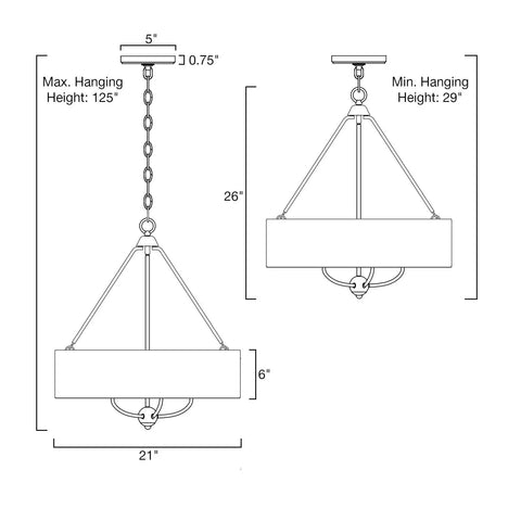 Dimensions diagram for Beatrix 26 Inch Traditional 5 Light Chandelier With Adjustable Chain Link Hanging Light And White Linen Drum Shade.