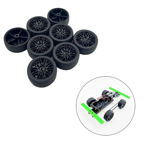 8 pack RC car wheels with rubber tires and round shaft axles, 3mm shaft, 35mm diameter, 14mm thick, shown with RC model