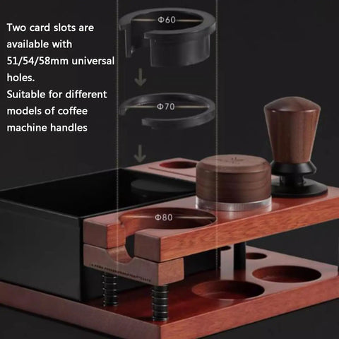 Solid Walnut Coffee Tamping Station And Espresso Knock Box Featuring Double Layer Accessory Storage Fits 51 54 58mm Portafilters showing different sized slots.
