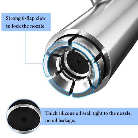 Close-up of 12 Piece Pro Grade Workhorse Grease Gun Coupler Kit with lock-on tips, showing 6-flap claw and silicone oil seal.