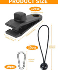 Heavy Duty Tarp Clips Kit With Adjustable Lock Grip, 10 Pack Nylon Clamps, 10 Carbon Steel Carabiners, 10 Ball Bungee Cords.