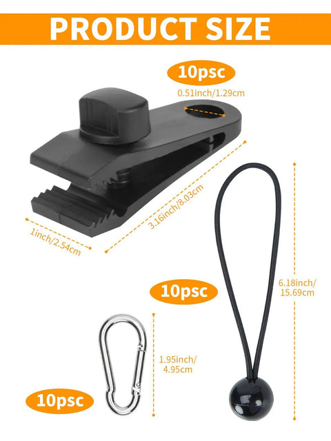 Heavy Duty Tarp Clips Kit With Adjustable Lock Grip, 10 Pack Nylon Clamps, 10 Carbon Steel Carabiners, 10 Ball Bungee Cords.