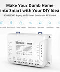 4 Channel WiFi Smart Switch For Home Automation, 4 Gang DIN Rail Mount, Self Locking And Interlock Modes displayed on packaging