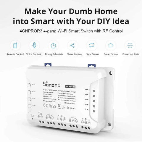 4 Channel WiFi Smart Switch For Home Automation, 4 Gang DIN Rail Mount, Self Locking And Interlock Modes displayed on packaging