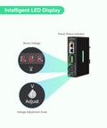 Heavy Duty Industrial Gigabit PoE Plus Splitter with Dual DC Outputs displays voltage levels and adjustment controls for PTZ security cameras.