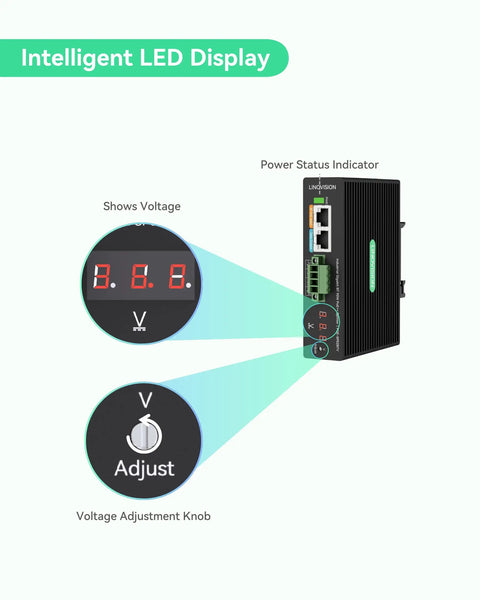 Heavy Duty Industrial Gigabit PoE Plus Splitter with Dual DC Outputs displays voltage levels and adjustment controls for PTZ security cameras.