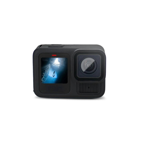Front view of Hero 13 Black Waterproof Action Camera with 5.3K HDR video and 27MP photos showing underwater scene on LCD screen