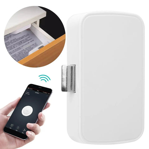 Keyless Smart Bluetooth Cabinet Lock Phone App Control One Touch Open featured next to a smartphone control.