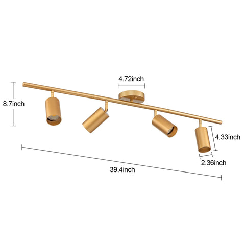 4 Light Gold Finish Flush Mount Ceiling Fixture With Rotating Heads, shown with dimensions, adjustable track spotlighting.