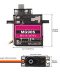 Dimensions diagram of Two Pack MG90S Micro Servo Motors With Metal Gears 9G High Torque 360 Degree Control next to size details.