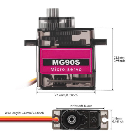 Dimensions diagram of Two Pack MG90S Micro Servo Motors With Metal Gears 9G High Torque 360 Degree Control next to size details.