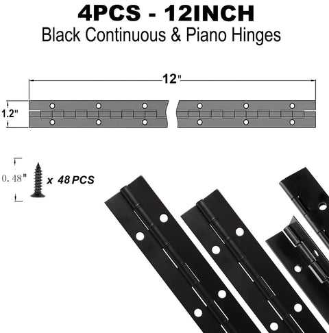 Heavy Duty Piano Hinges 4 Pack 12 Inches By 1.2 Inches Black Stainless Steel Workhorse Hardware with screws shown