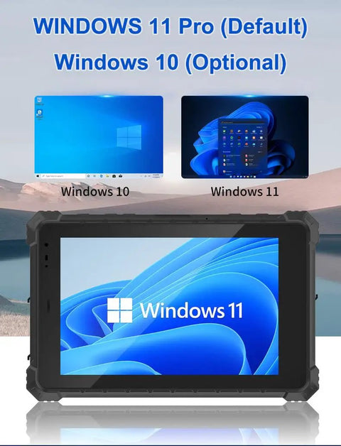 Handle any grueling shift with this rugged 10.1 inch Windows 11 Pro tablet displaying Windows 11 and Windows 10 screens.