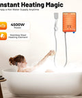 Heavy Duty Electric Tankless Water Heater With Instant Hot Shower Output Digital Touch Panel Wall Mount Design in use above bathtub.