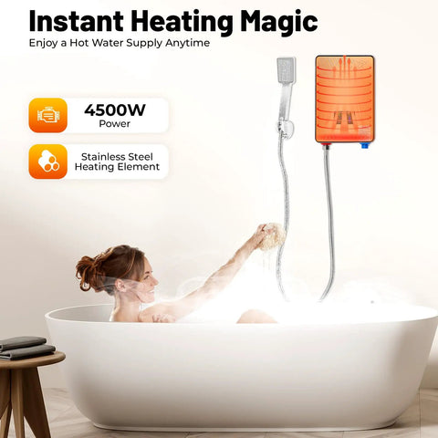 Heavy Duty Electric Tankless Water Heater With Instant Hot Shower Output Digital Touch Panel Wall Mount Design in use above bathtub.