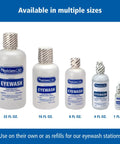 PhysiciansCare eyewash bottles in five sizes (32 oz to 1 oz) arranged in a row; white plastic bottles with blue labels.