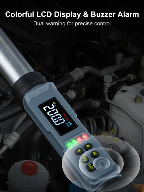 Close-up of upgraded digital torque wrench with half inch drive for auto repair, featuring accurate digital readout and LED alerts.