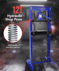 12 Ton Hydraulic Shop Press With H Frame Bearing And Adjustable Height Heavy Duty Workstation showcasing blue frame and precision springs.