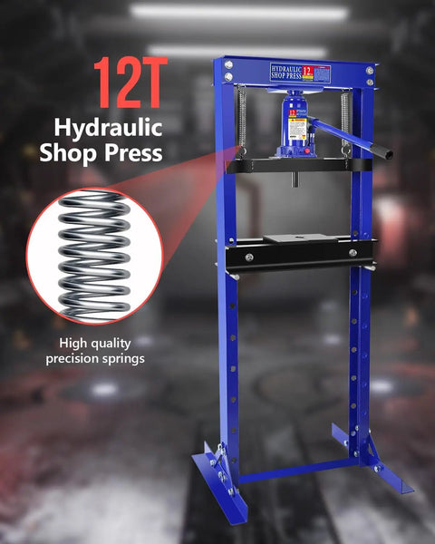 12 Ton Hydraulic Shop Press With H Frame Bearing And Adjustable Height Heavy Duty Workstation showcasing blue frame and precision springs.
