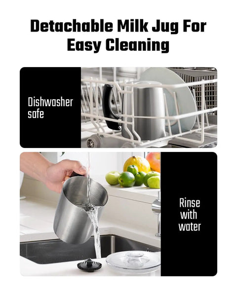 5 In 1 Milk Frother And Steamer With Adjustable Temperature 17 Oz Detachable Frother shown in dishwasher and being rinsed