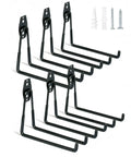 Six black garage hooks displayed with screws, labeled as Tough As Nails Heavy Duty Garage Hooks Six Pack Wall Mounts For Hanging Bike Ladder Tools 100Lb Load Capacity Triple Welded Steel Construction PVC Coated Anti Slip Finish Industrial Grade Black.