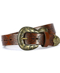 Premium Faux Leather Western Belt For Women Featuring Antique Cowboy Buckle in durable brown with intricate design.